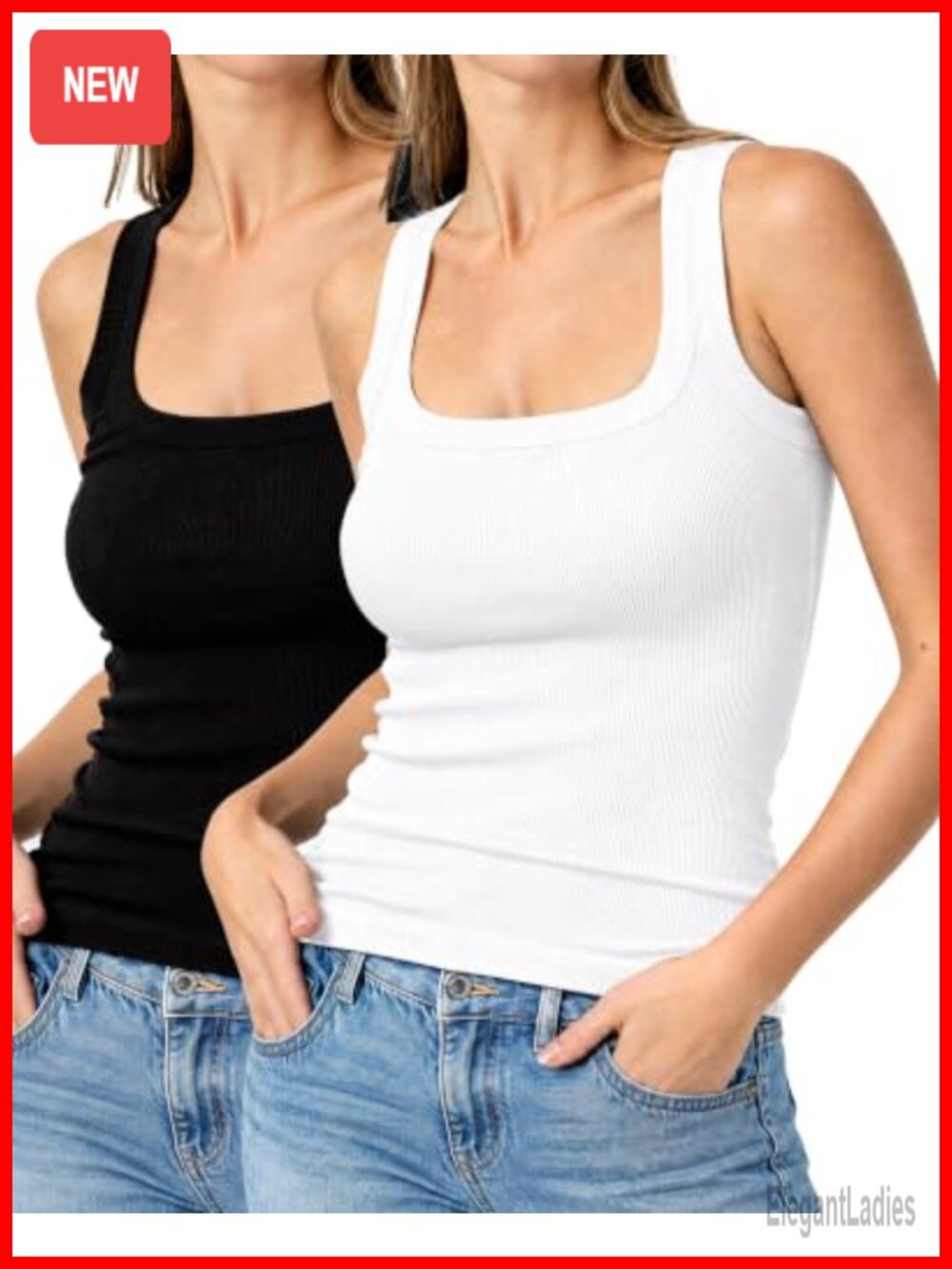 2-Pack Ribbed Tank Tops Slim Fit Sleeveless Square Neck
